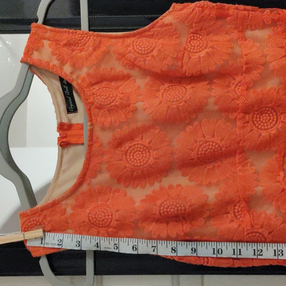 Orange Dress embroidered Sunflower. Good condition size 7. Invisible back zipper
